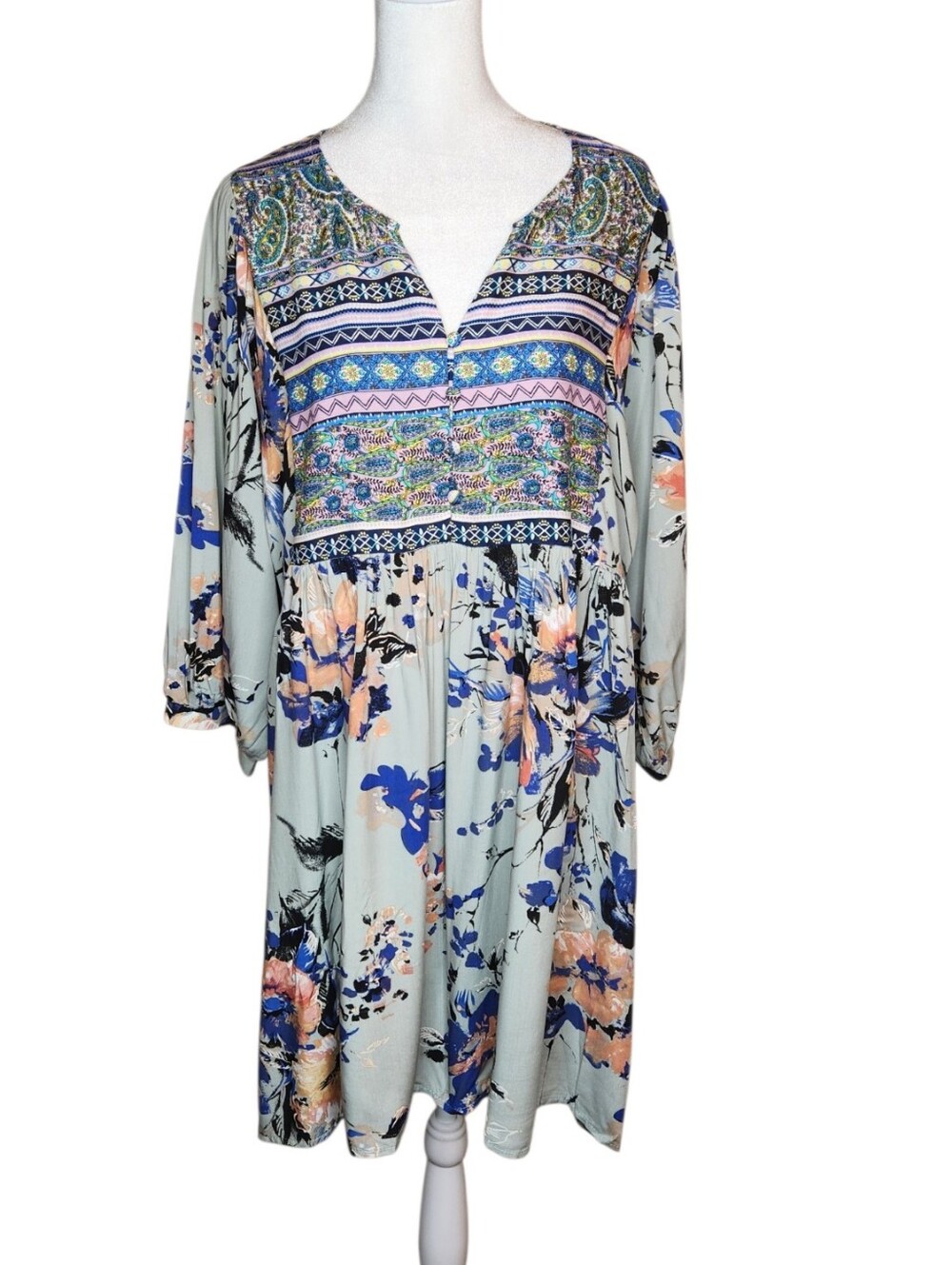NEW Umgee 3/4 Sleeve Paisley Floral Peasant Dress Size XL